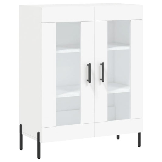 White engineered wood sideboard with two glass doors and black handles