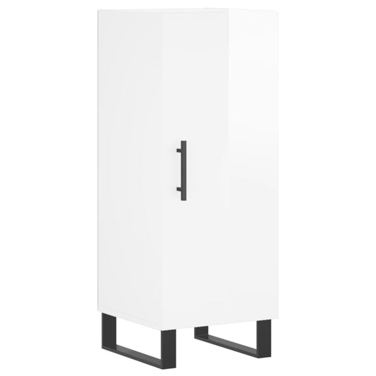 The white sideboard with a single door and black legs, shown from the front