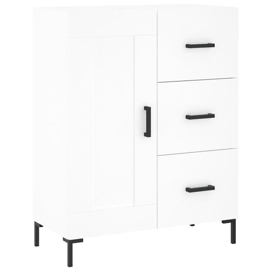 The white sideboard with black handles standing against a plain white background