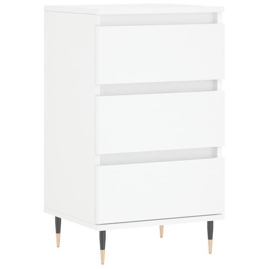 White engineered wood sideboard with three drawers and gold tipped legs