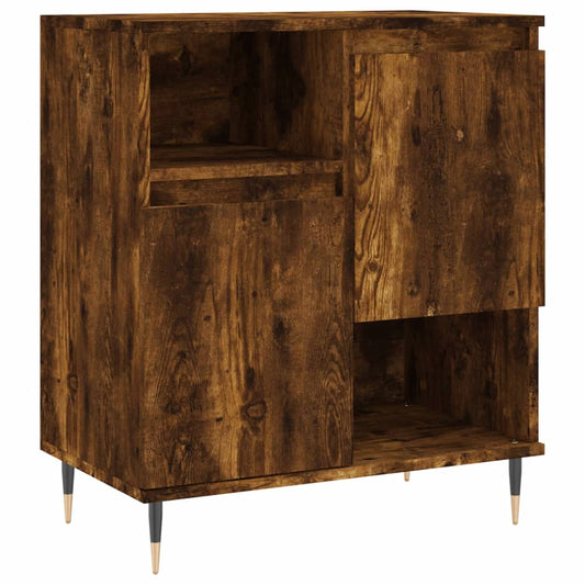 The sideboard with a dark wood grain finish and slender metal legs on a white background