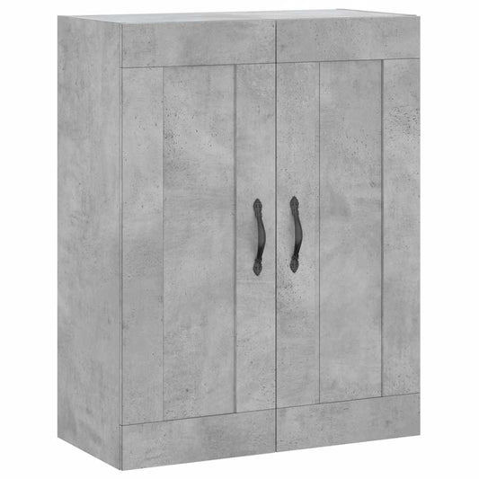 The wall mounted cabinet with a concrete grey finish and two doors with black handles
