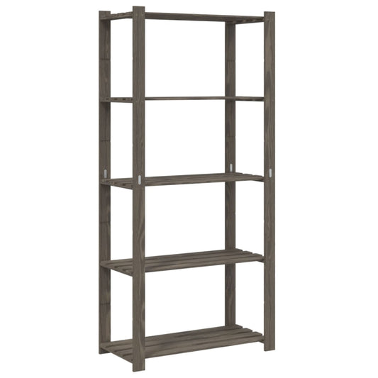 the grey wooden storage rack shown from a three-quarter angle against a plain white background