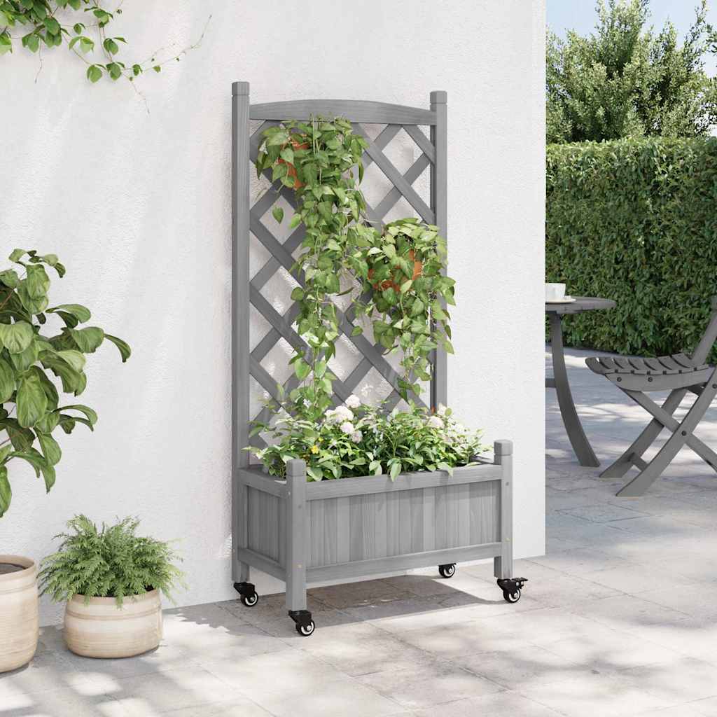 Planter with Trellis and Wheels Solid Wood Fir with trellis & wheels Width 55 cm Grey