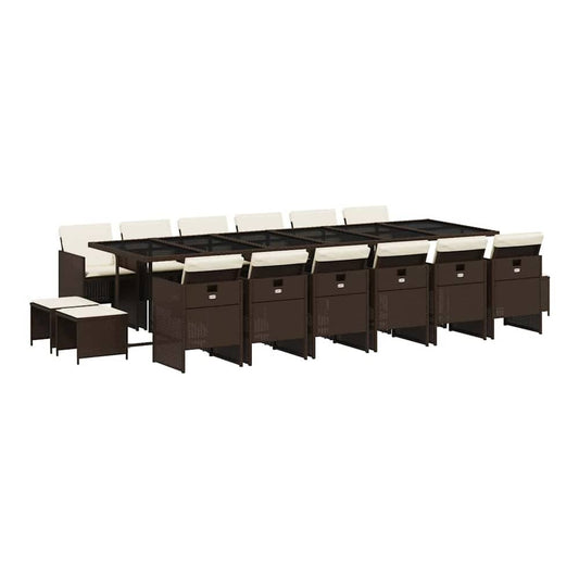 17 Piece Garden Dining Set with Cushions Poly Rattan Glass 16 pcs Brown