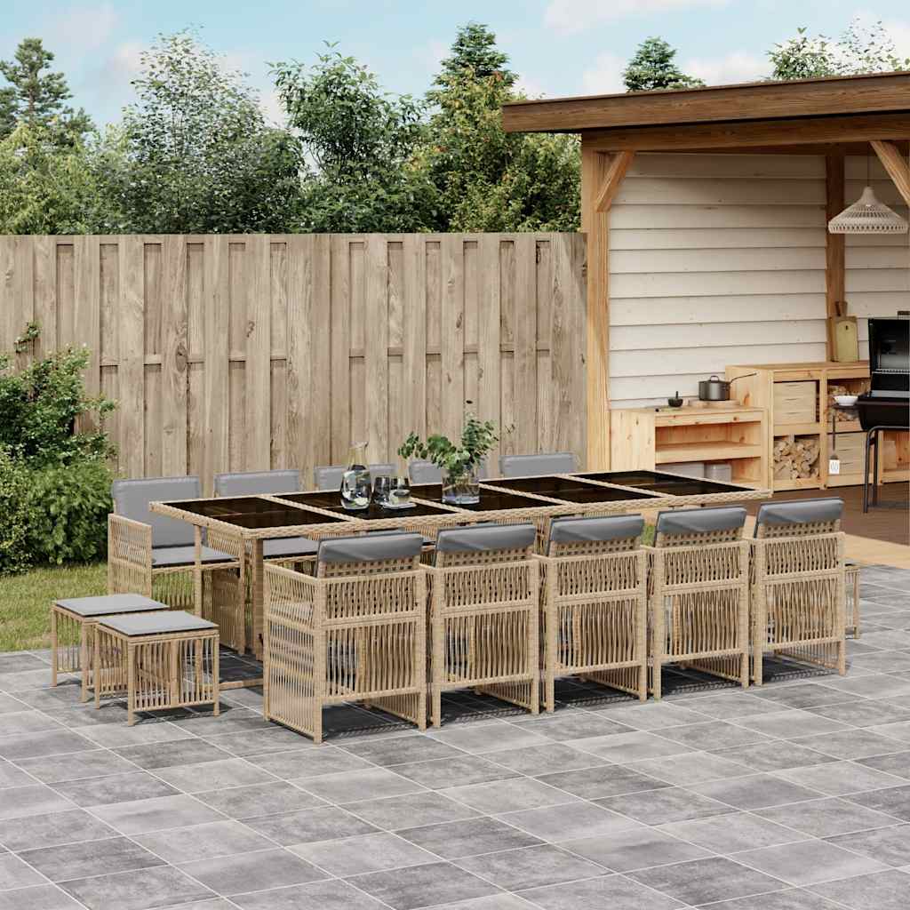 15 Piece Garden Dining Set with Cushions Poly Rattan Glass 14 pcs Mix beige