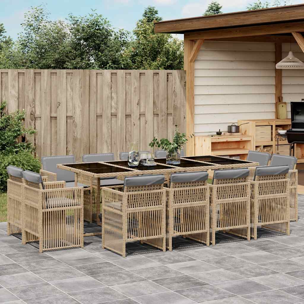 13 Piece Garden Dining Set with Cushions Poly Rattan Glass 12 pcs Mix beige