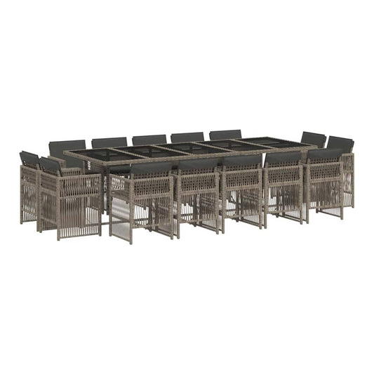 15 Piece Garden Dining Set with Cushions Poly Rattan Glass 14 pcs Grey