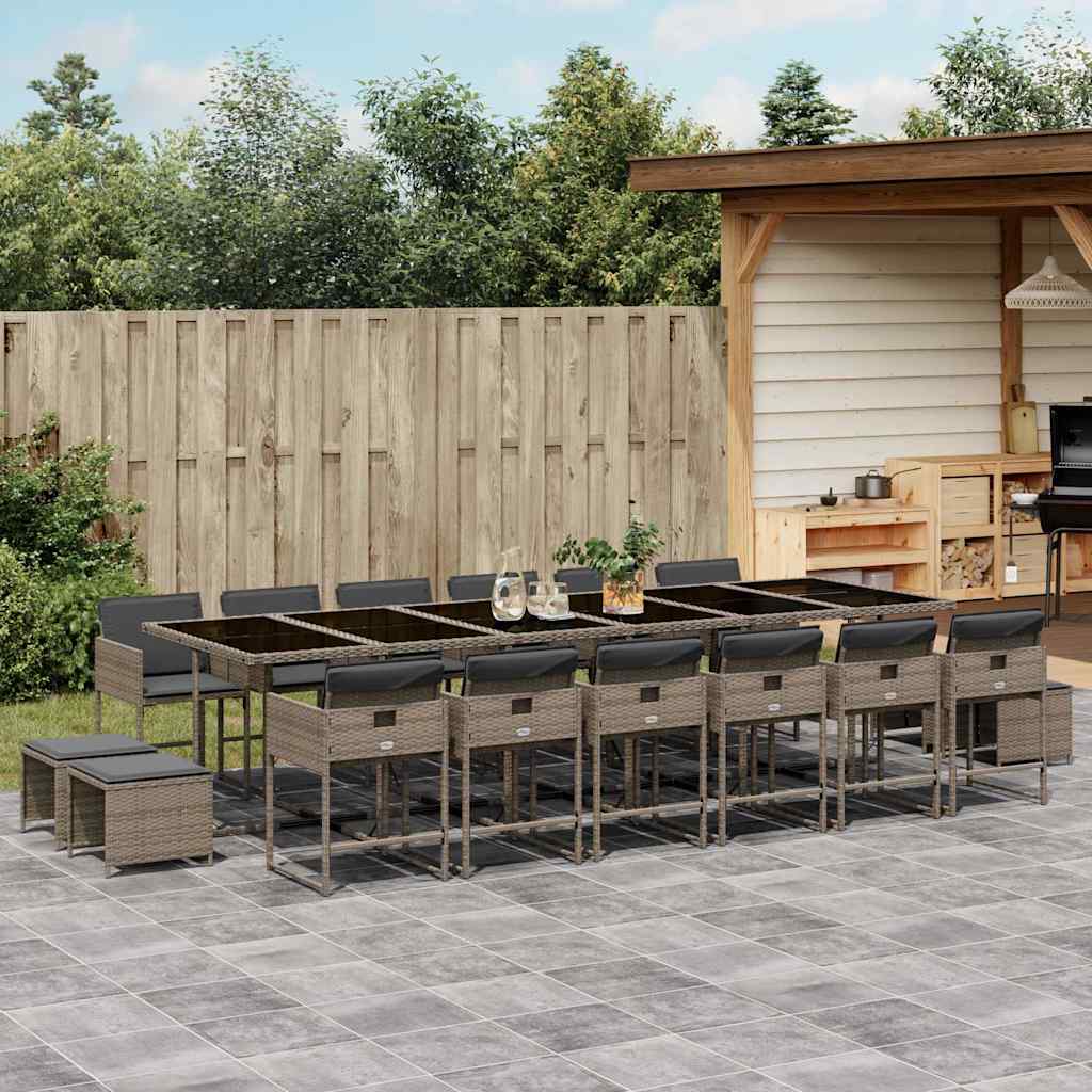 17 Piece Garden Dining Set with Cushions Poly Rattan Glass 16 pcs Grey