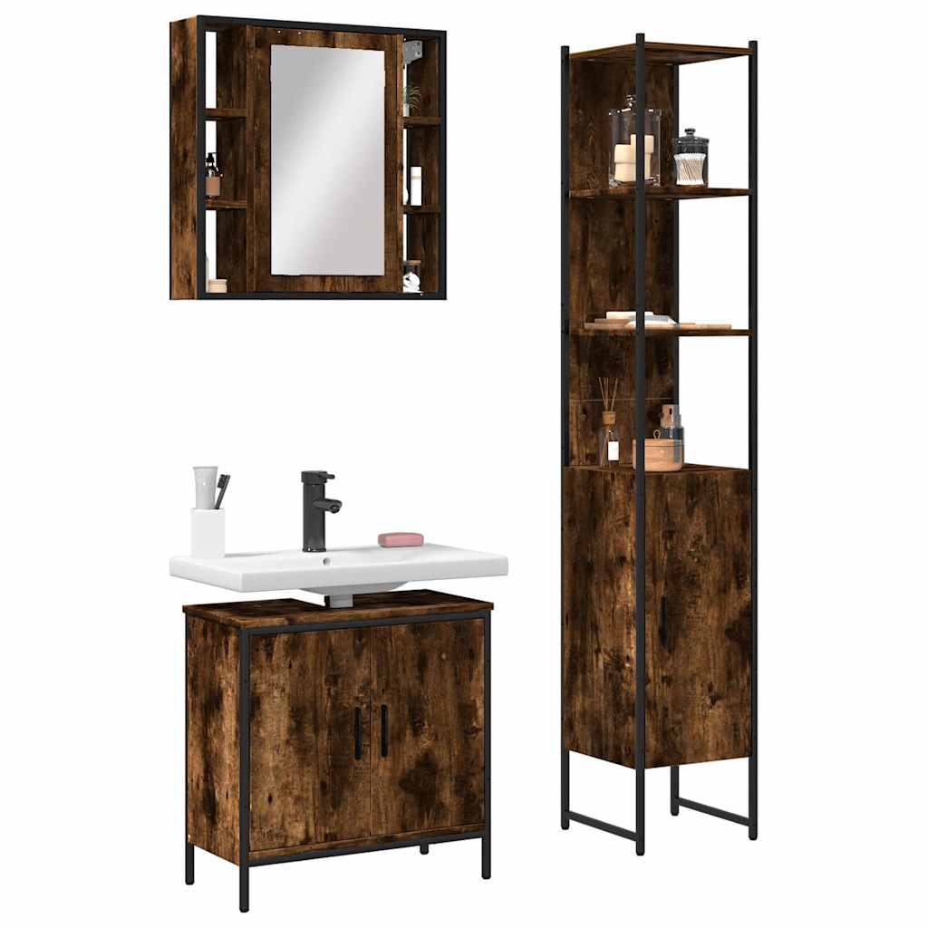 3 Piece Bathroom Cabinet Set Engineered Wood Smoked oak