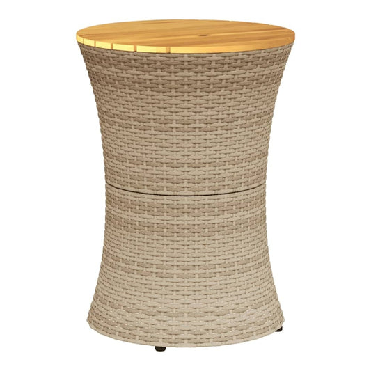 Garden Side Table Drum Shape Poly Rattan and Solid Wood Beige