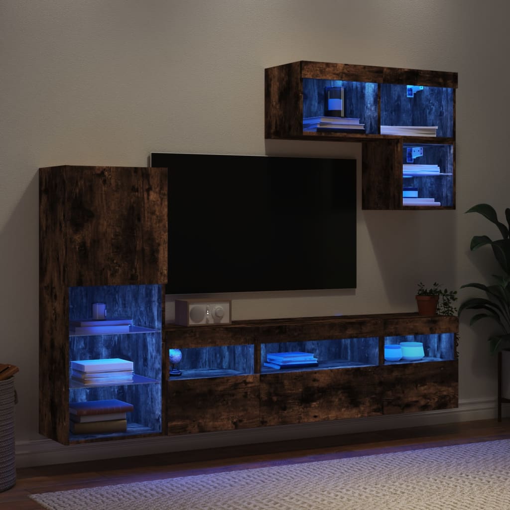 6 Piece TV Wall Units with LED Engineered Wood Smoked oak