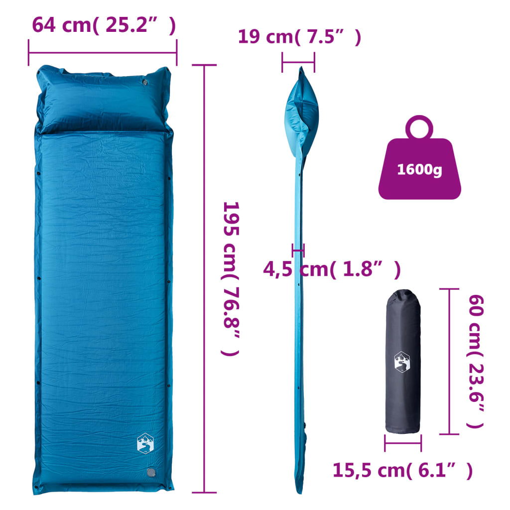 vidaXL Self Inflating Camping Mattress with Pillow 1-Person Turquoise 6