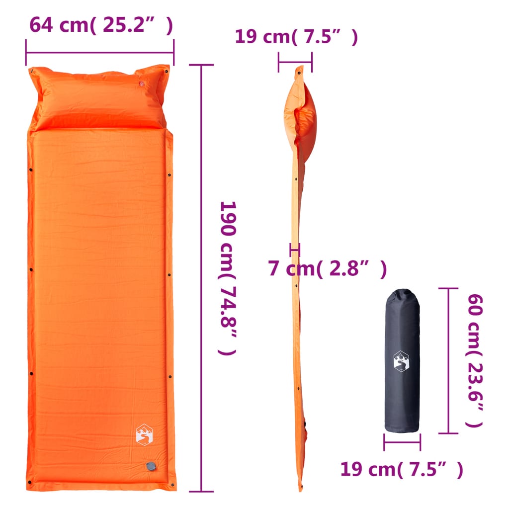 vidaXL Self Inflating Camping Mattress with Pillow 1-Person Orange 6