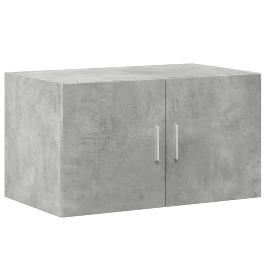 A concrete grey wall cabinet with two doors and silver handles, shown from the front