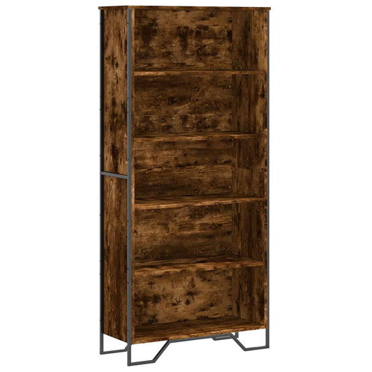 A tall five-shelf bookcase with a rustic wood finish and black metal frame, shown from the front