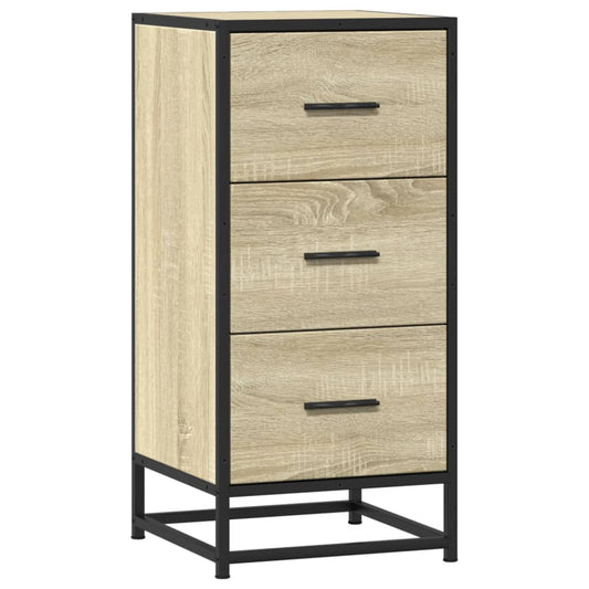 The three-drawer cabinet with a sonoma oak effect finish and black metal legs