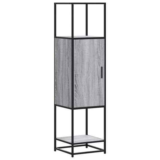 tall cabinet with a grey wood effect door and black metal frame, shown with the door closed