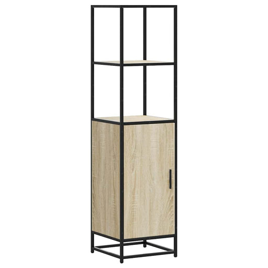 The tall highboard with a closed cabinet door and open shelving in a light wood finish and black frame
