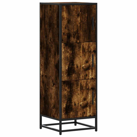 the tall narrow cabinet, showing its full front with three closed doors and a metal base