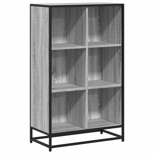 The grey engineered wood bookcase with six open compartments and black metal frame