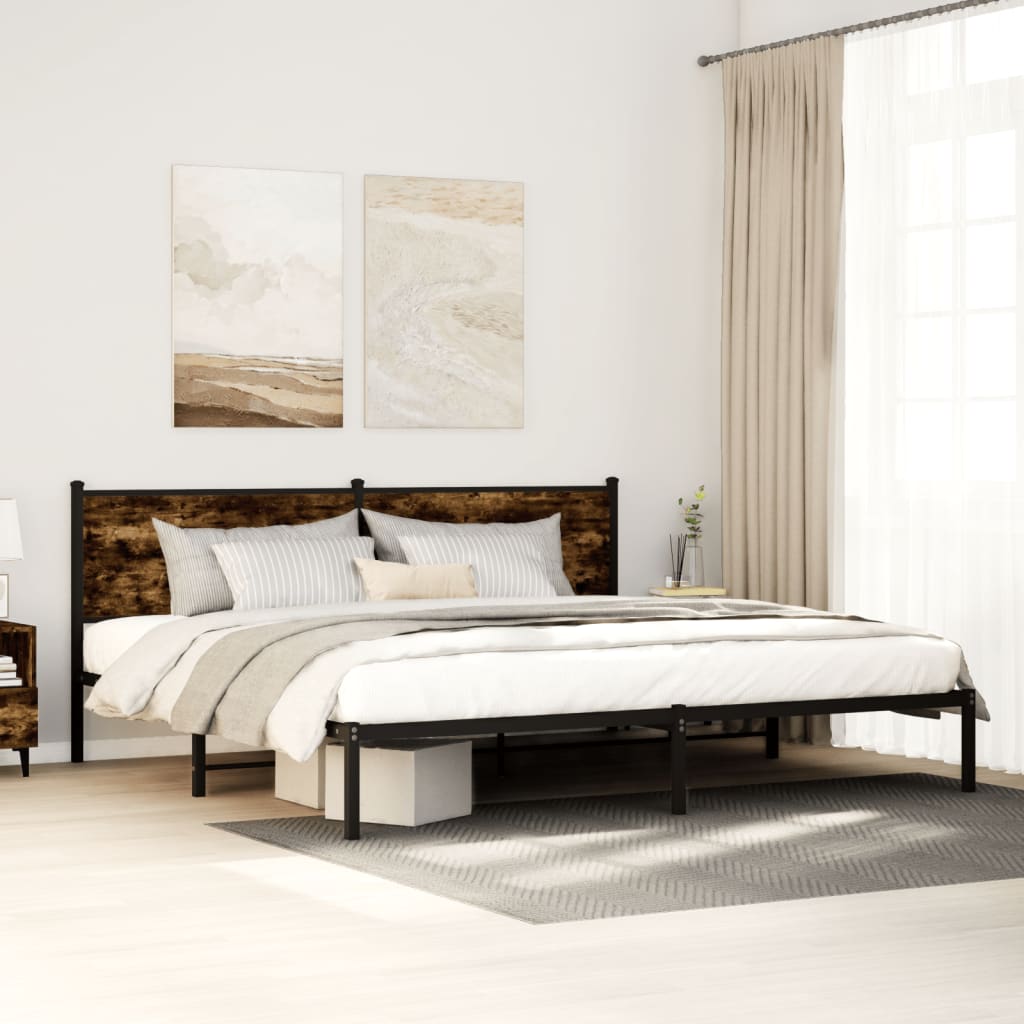 vidaXL Metal Bed Frame without Mattress Smoked oak Length 200 cm With headboard