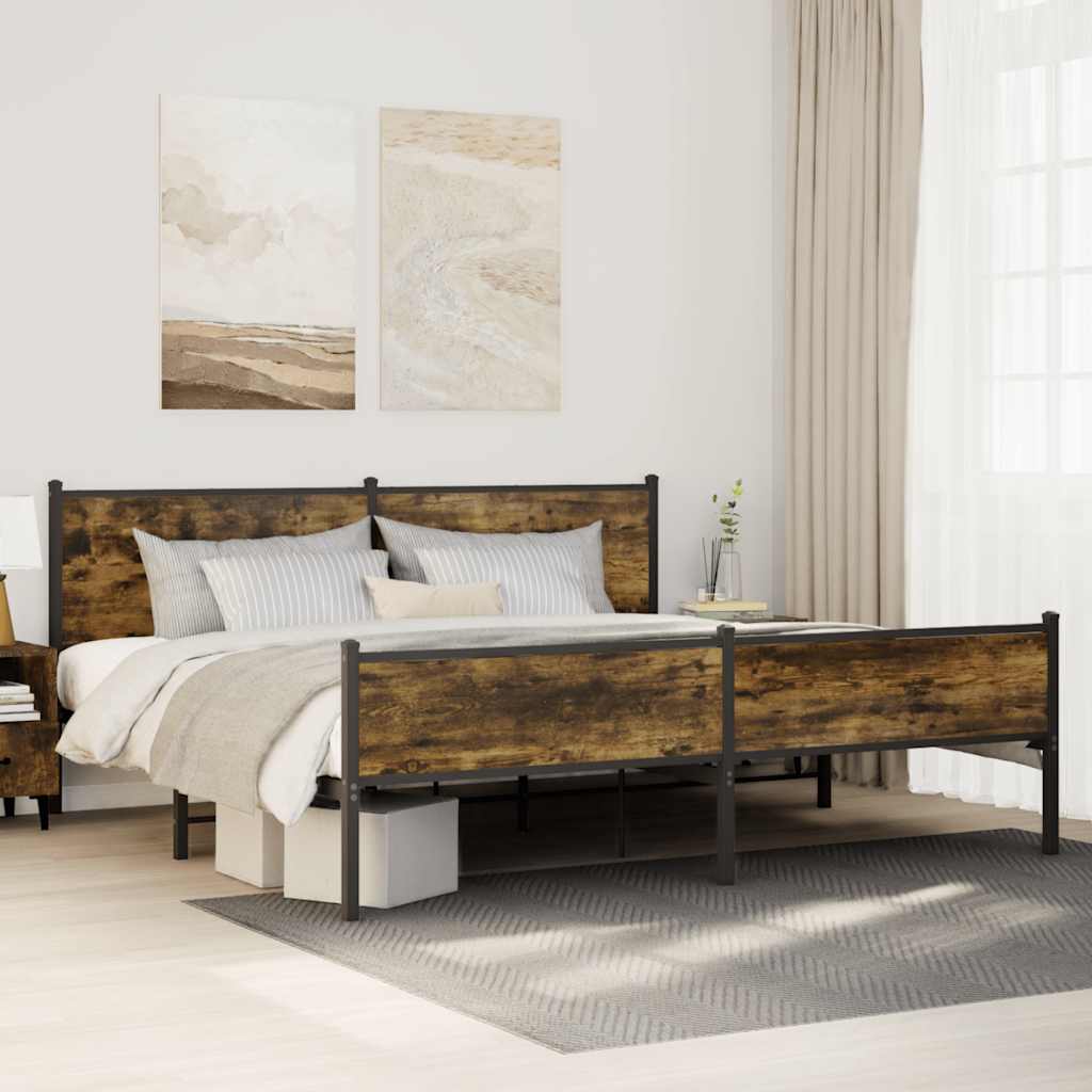 vidaXL Metal Bed Frame without Mattress Smoked Oak Length 200 cm with Headboard & High Footboard