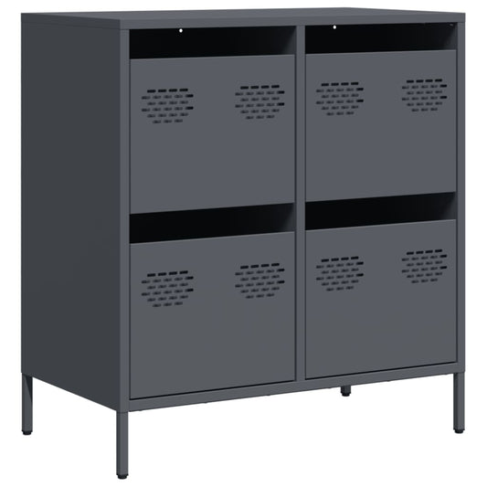 Anthracite sideboard with four locker-style doors and open shelves below