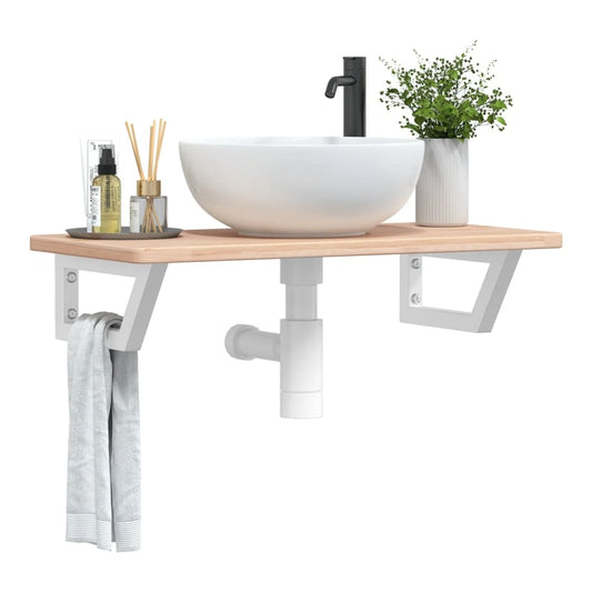 Basin Shelf Wall Mounted Steel and Solid Wood Oak Trapezium Height 2.5 cm Width 80 cm Brown and white