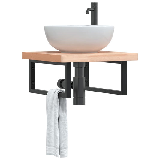 Basin Shelf Wall Mounted Steel and Solid Wood Beech Rectangular Width 50 cm Brown and black 4 cm