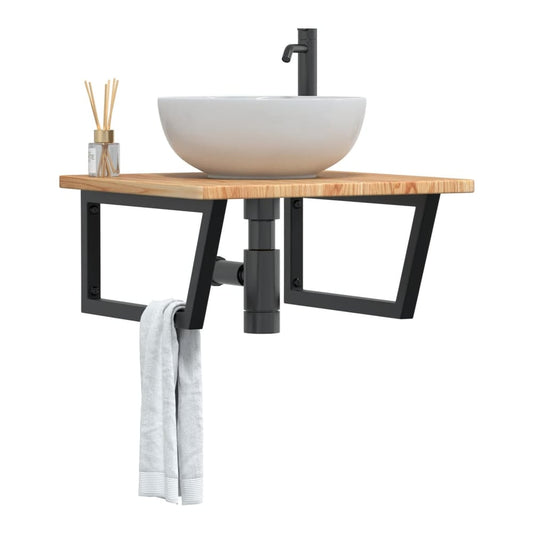 Basin Shelf Wall Mounted Steel and Solid Wood Oak Trapezium Width 60 cm Light brown and black