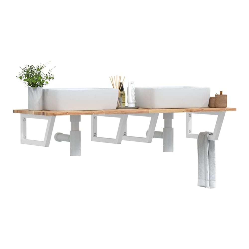 Basin Shelf Wall Mounted Steel and Solid Wood Acacia Trapezium Depth 50 cm Height 2 cm Brown and White 160 cm