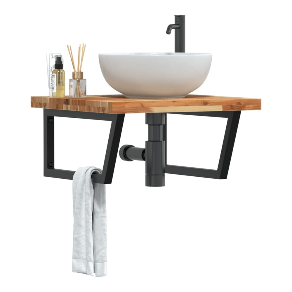 Basin Shelf Wall Mounted Steel and Solid Wood Acacia Trapezium Width 60 cm Dark brown and black 4 cm