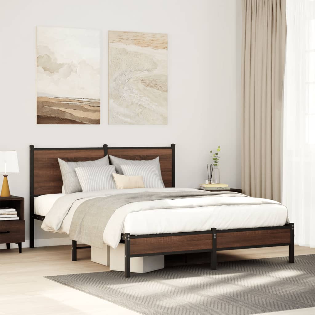 vidaXL Metal Bed Frame without Mattress Brown Oak Length 190 cm with Headboard & Low Footboard