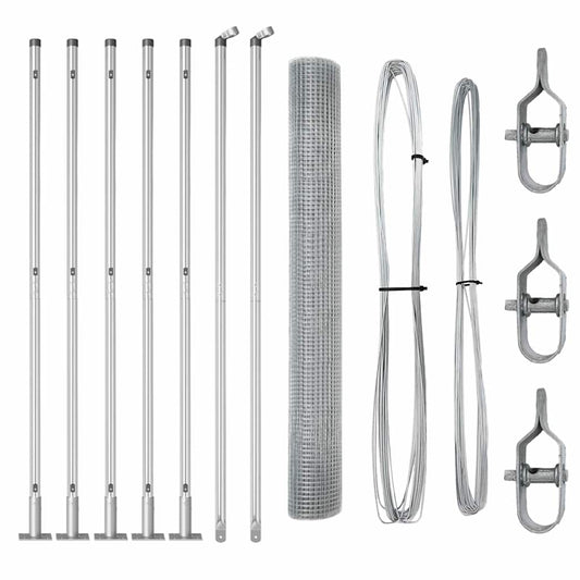All the parts for the welded wire fence laid out, including posts, wire mesh, and fixings