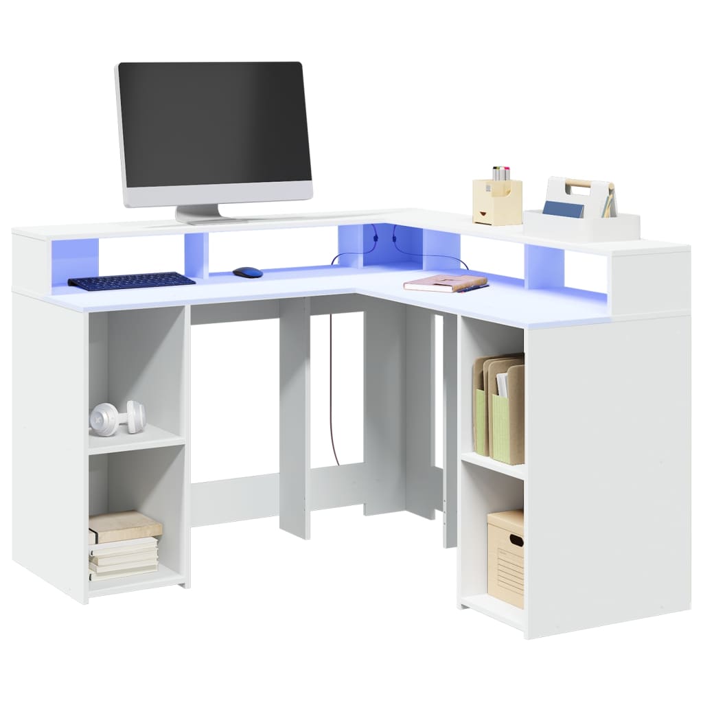 Desk with LED Lights Engineered Wood White