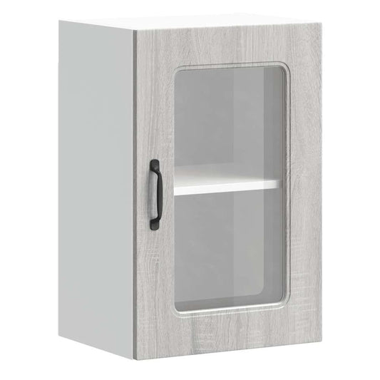 Kitchen Wall Cabinet with Glass Door "Kalmar" Grey sonoma 1x wall corner cabinet 57 cm wide 100 cm high–2x wall glass cabinet (1 door) 40 cm wide 40 cm high 1x wall glass cabinet (1 door) 40 cm wide 60 cm high