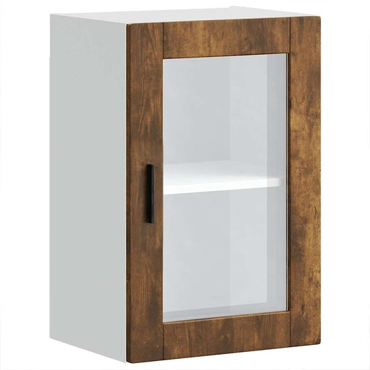 Kitchen Wall Cabinet with Glass Door "Porto" Smoked oak 1x wall corner cabinet 57 cm wide 100 cm high–2x wall glass cabinet (1 door) 40 cm wide 40 cm high 1x wall glass cabinet (1 door) 40 cm wide 60 cm high