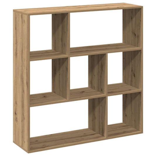 The wooden bookcase with nine compartments, showing the side and top