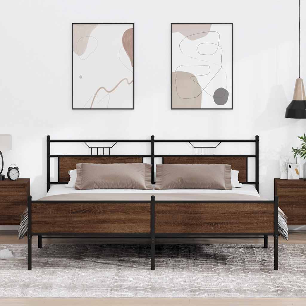 vidaXL Bed Frame without Mattress Engineered Wood Brown Oak with Headboard & High Footboard