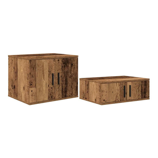 Two old wood effect storage cabinets, one larger than the other