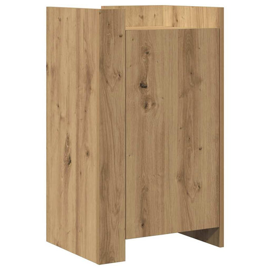 The wooden sideboard with a natural oak finish and visible grain detail