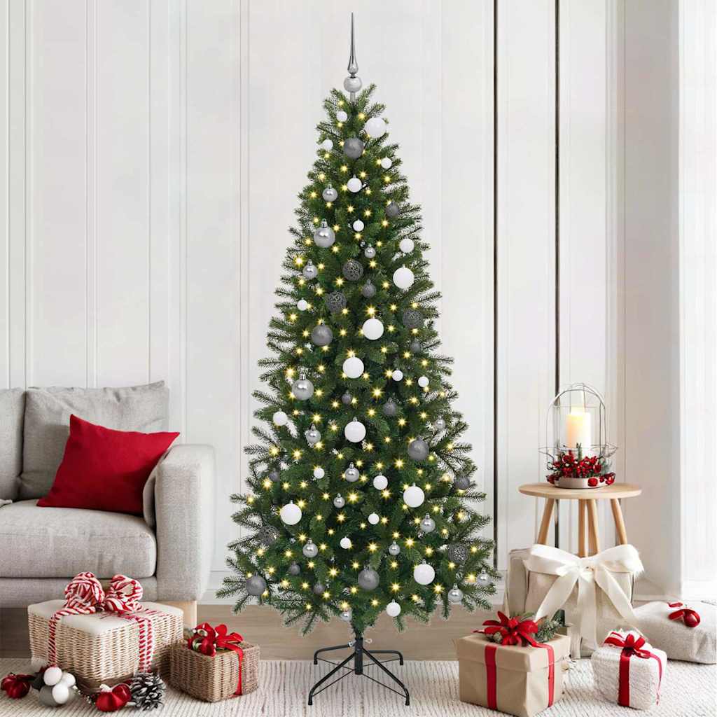 Artificial Christmas Tree Green PE and PVC 210 cm with LEDs &white/grey balls