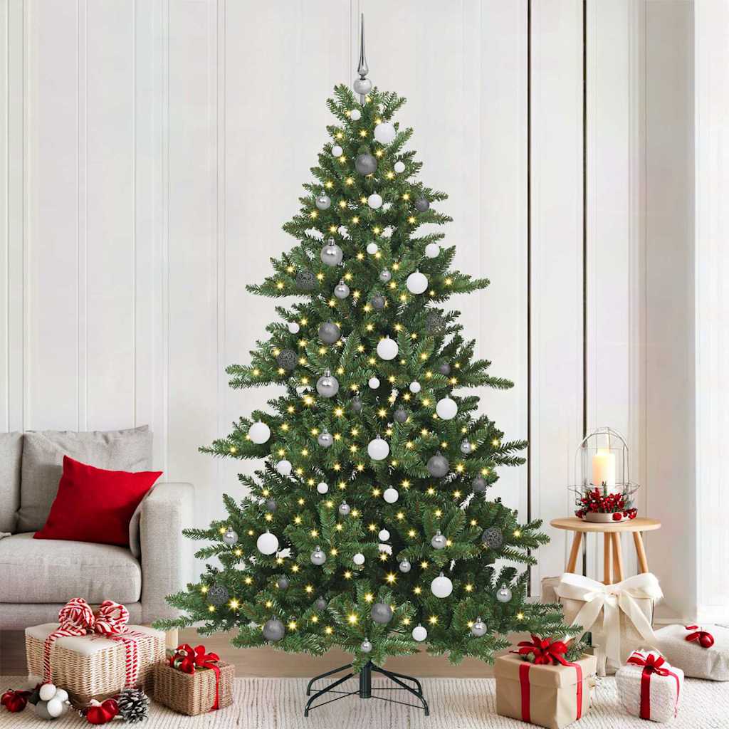 Artificial Hinged Christmas Tree PVC and Steel Green 210 cm with LEDs &white/grey balls