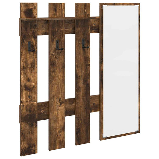 Wall-mounted coat rack with hooks and a mirror