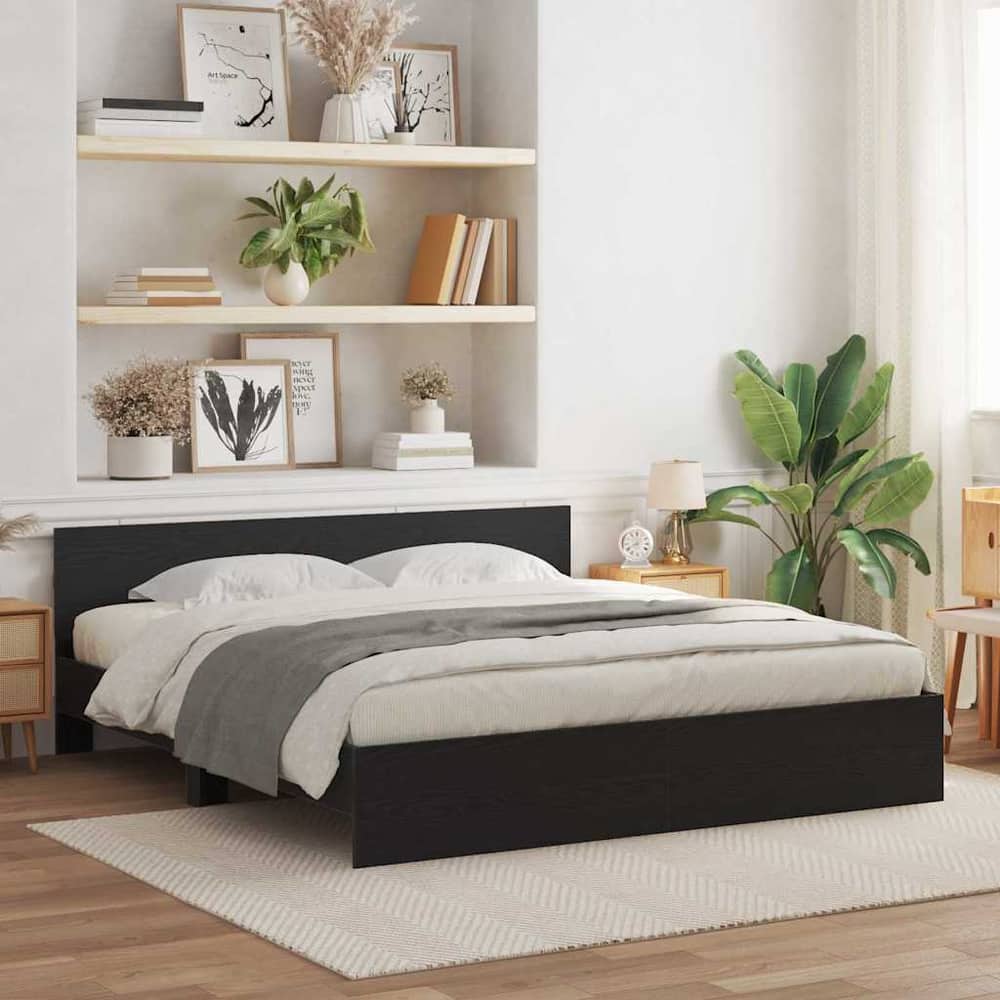 Bed Frame with Headboard Engineered wood Black Oak 180 x 200 cm