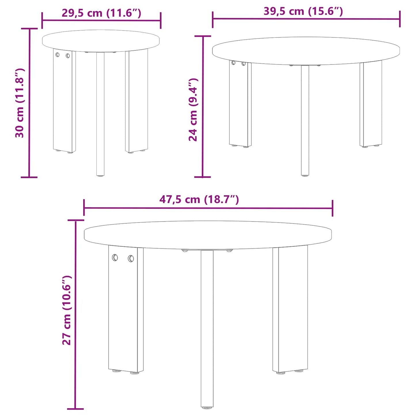 vidaXL Coffee Table 3 pcs White 47.5 x 47.5 x 27 cm Solid pine wood 4