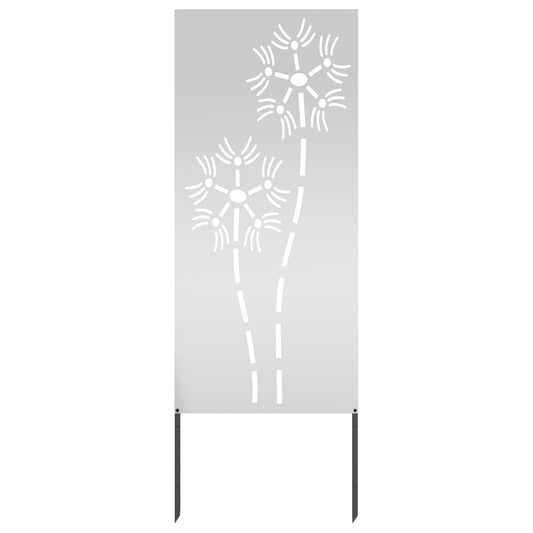 The garden privacy screen shows a dandelion pattern cut into the silver metal