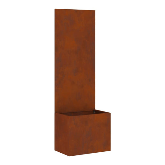 The garden privacy screen, a tall rusty metal panel with a planter box at the base