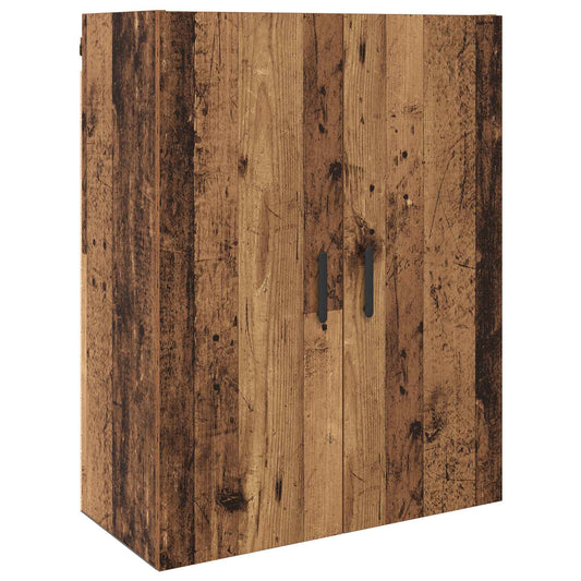 The wall cabinet with a rustic wood effect finish and two black handles